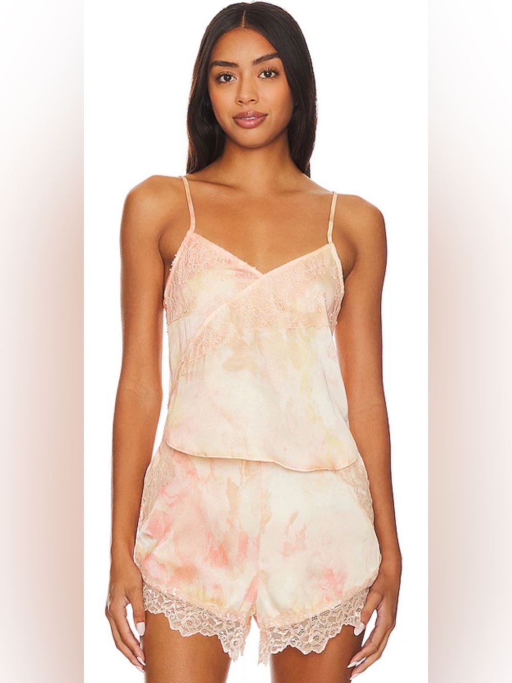 Free People Intimately Moonbeams Lace Satin Cami SET Tank Shorts S M Peach